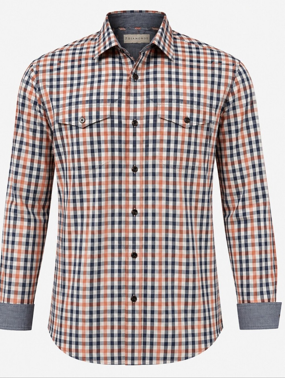 7 DIAMONDS | Men's Red Blue Plaid Casual Button Down Chest Pocket Cuff Shirt | L